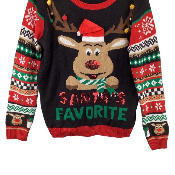Santas Favorite Christmas Reindeer Sweater Size XXL Bells & Sequins Black Red - Picture 5 of 8